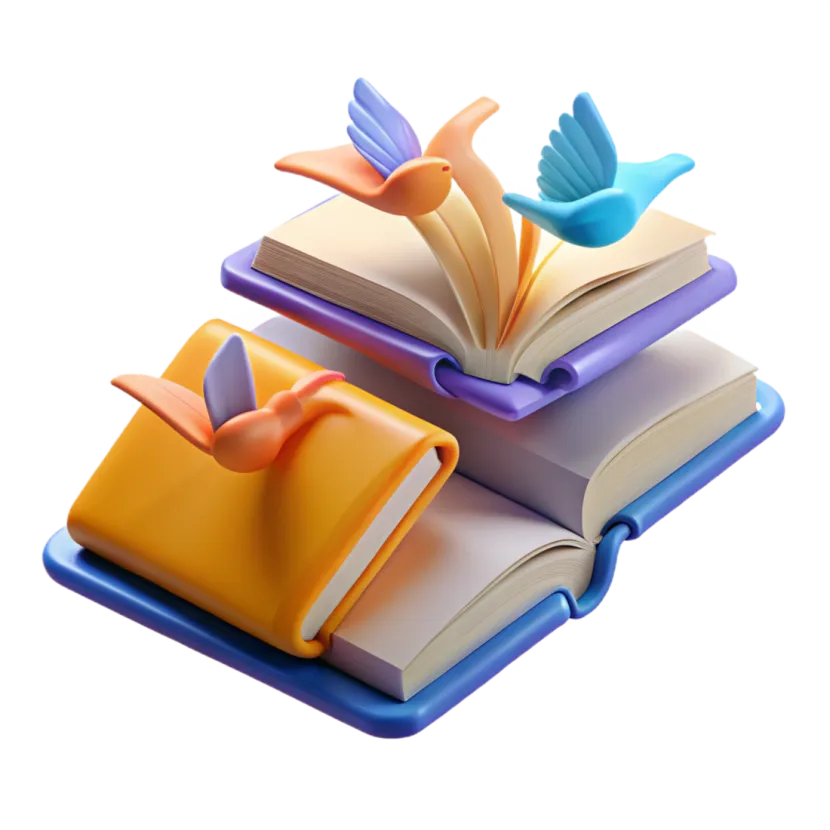 Open storybooks with birds flying out of the pages