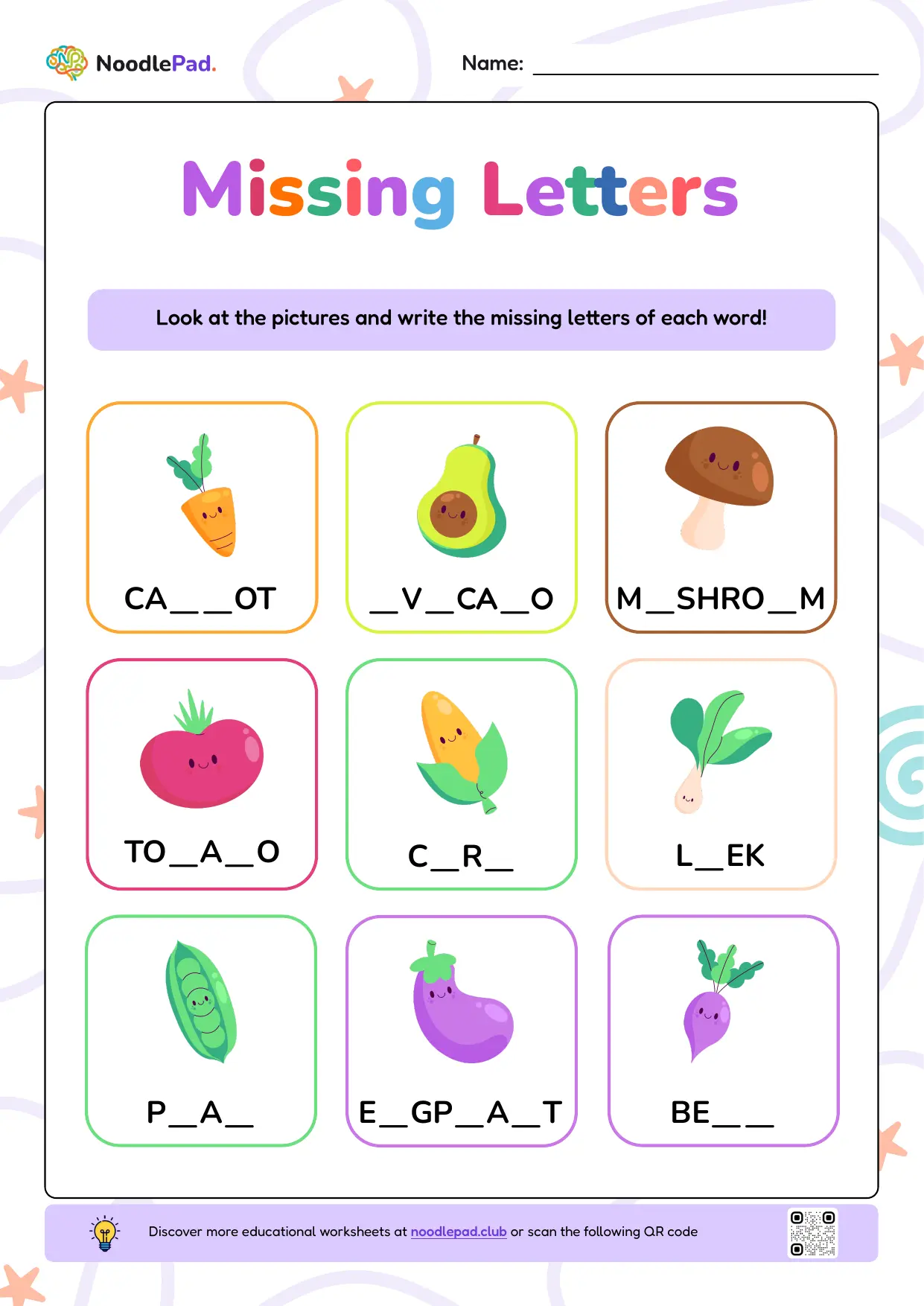Full-page preview: Missing letters – vegetables #1