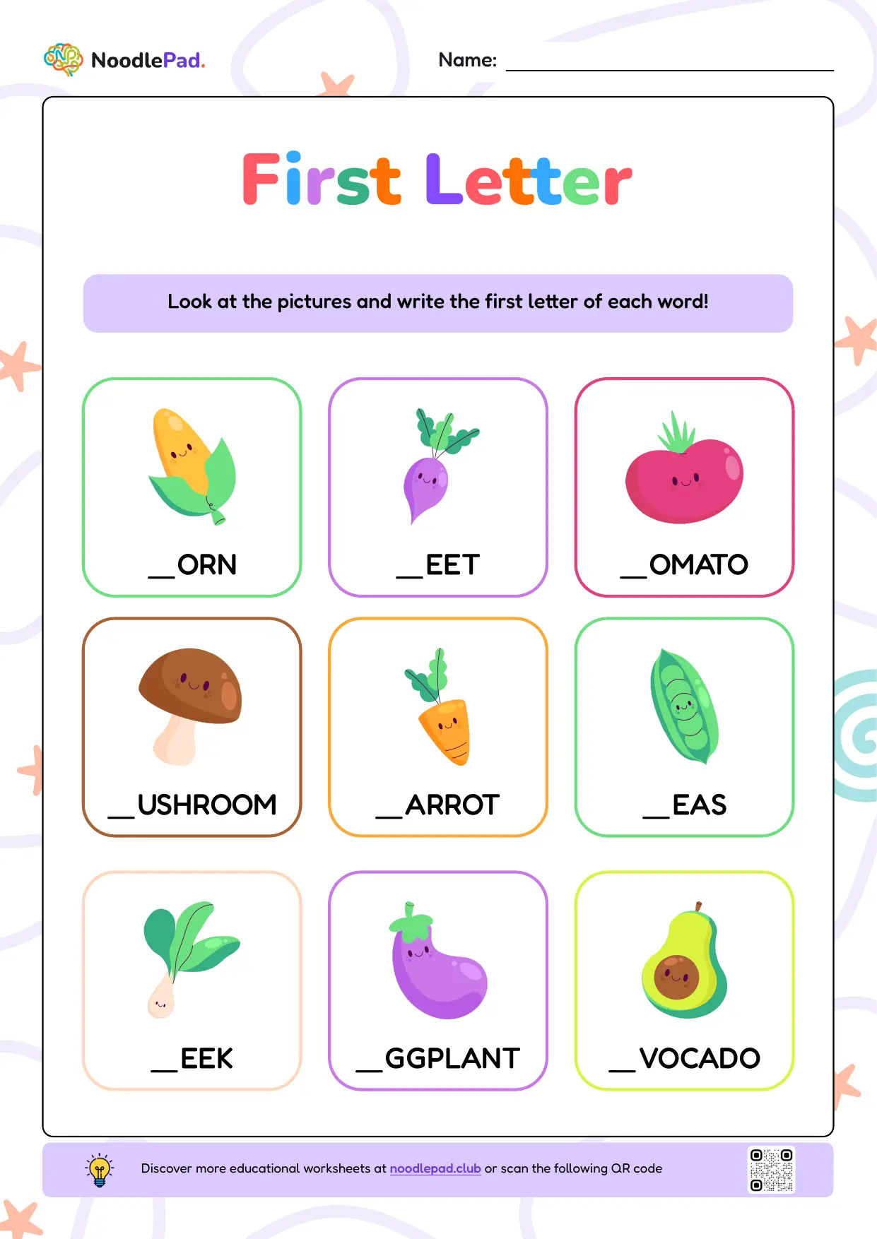 Full-page preview: Missing first letter – vegetables #1