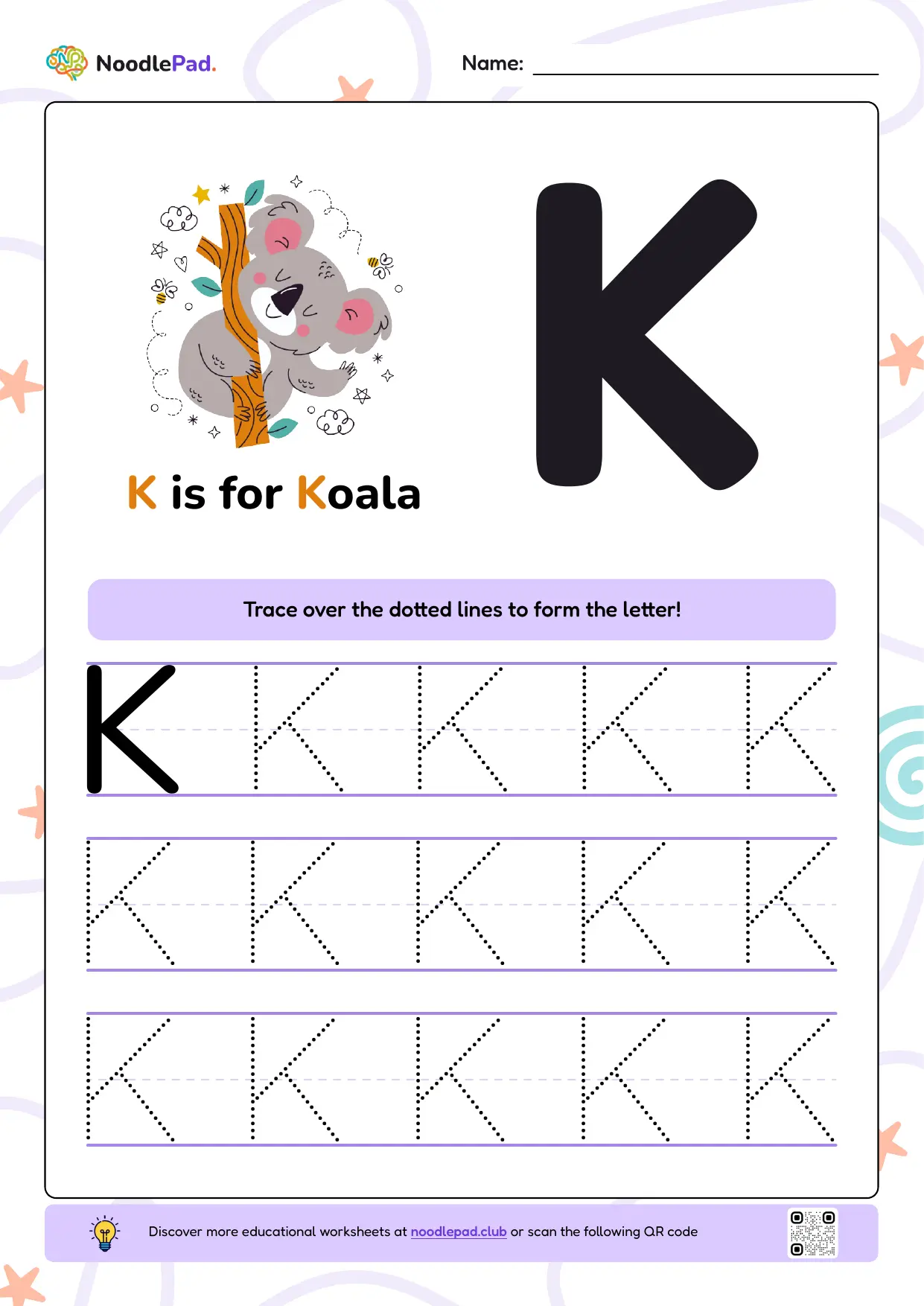 Full-page preview: Learn to write uppercase letter K