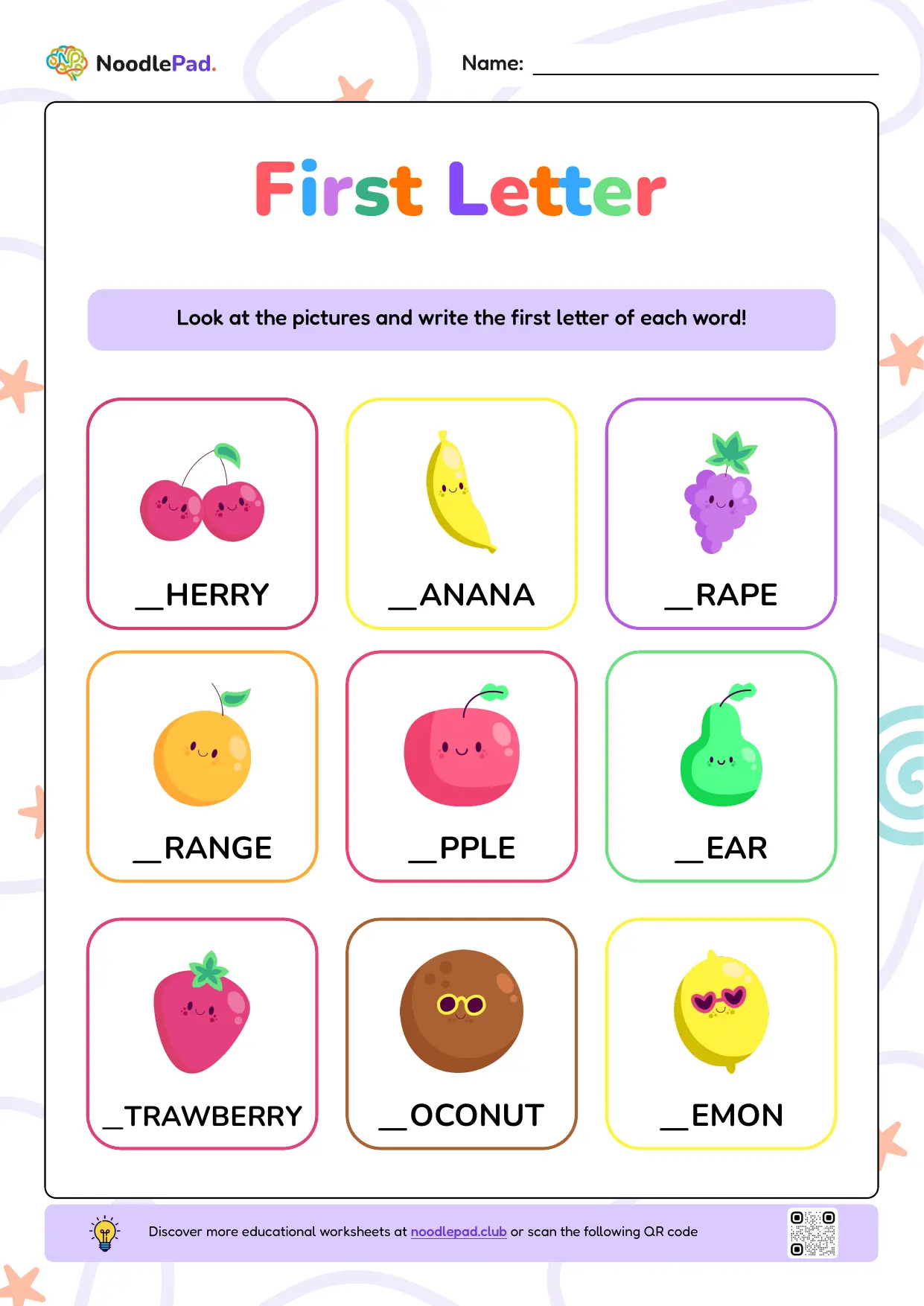 Full-page preview: Missing first letter – fruits #1