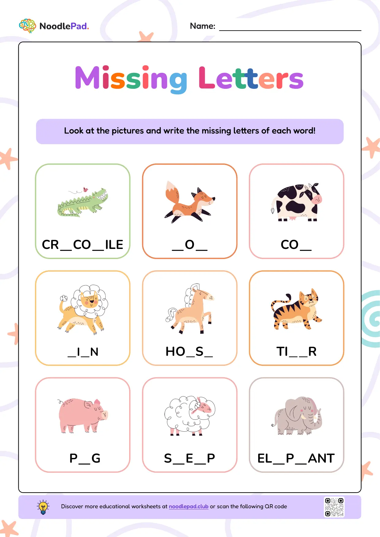 Full-page preview: Missing letters – animals #1