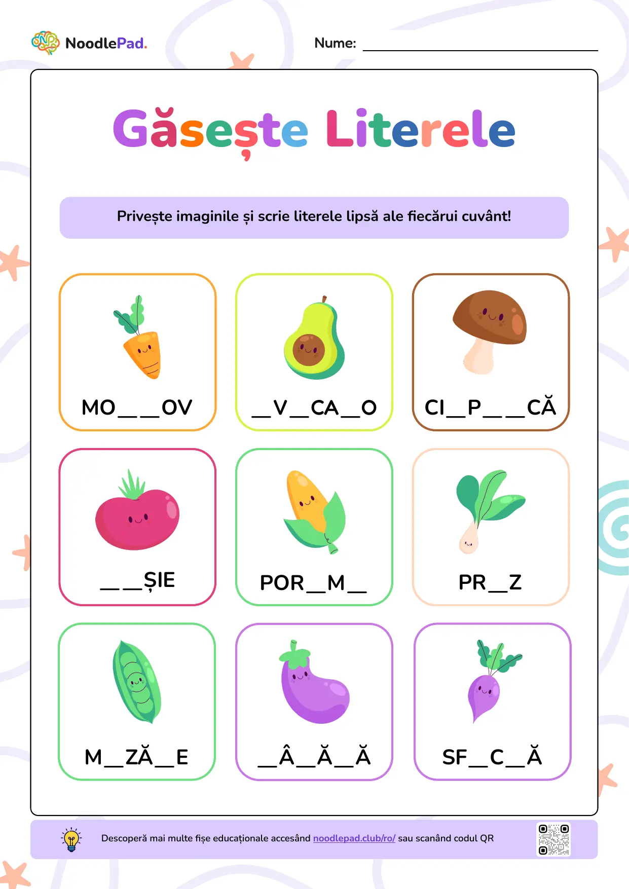 Previzualizare pe toată pagina: Găsește literele lipsă – legume #1
