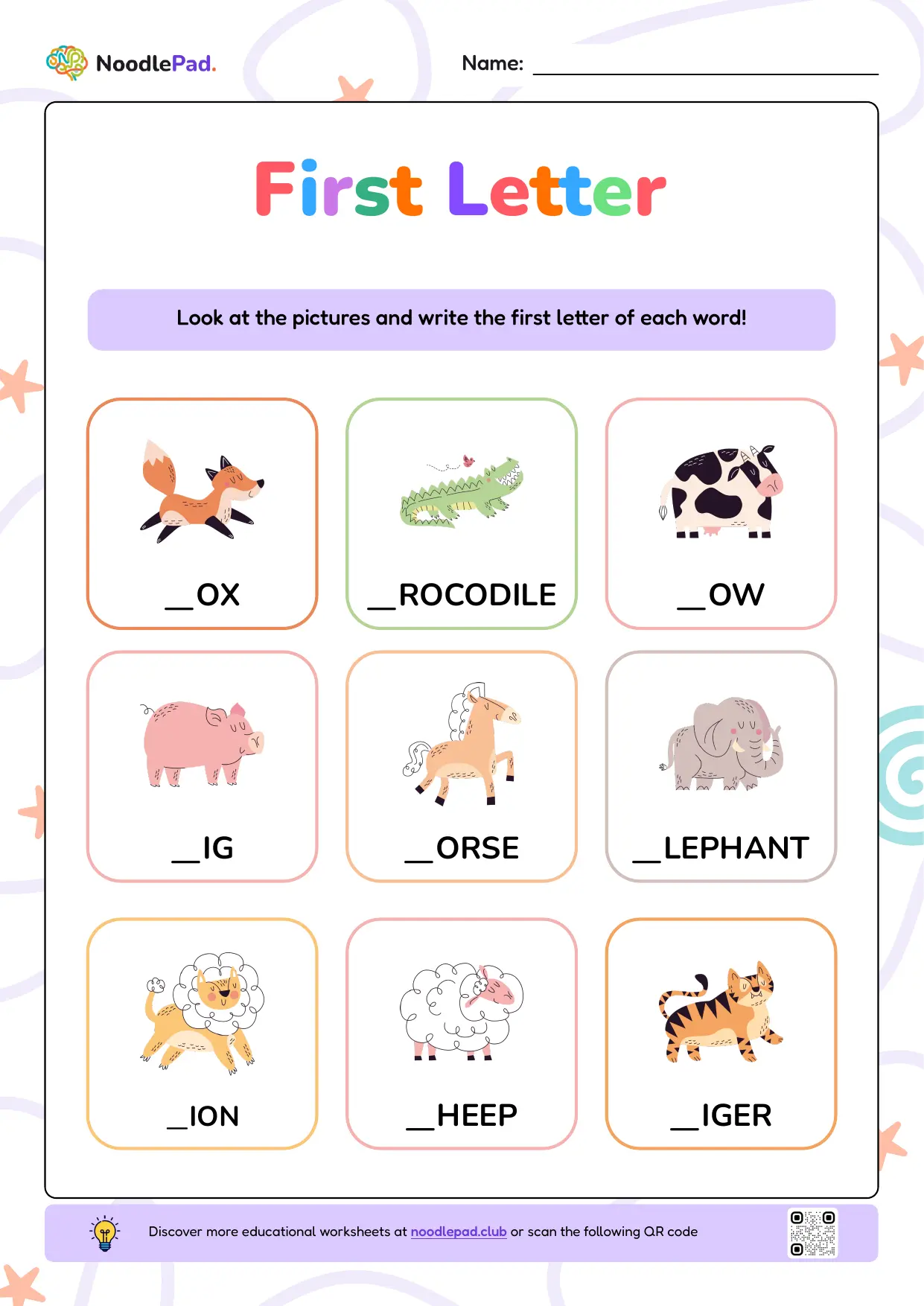 Full-page preview: Missing first letter – animals #1