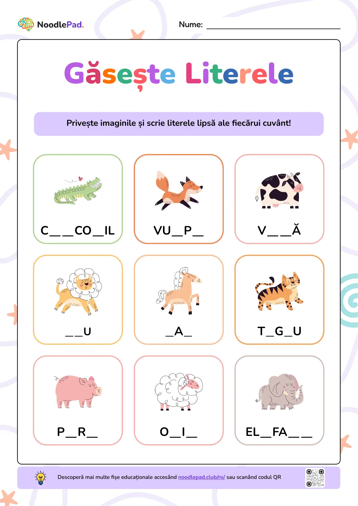 Previzualizare pe toată pagina: Găsește literele lipsă – animale #1