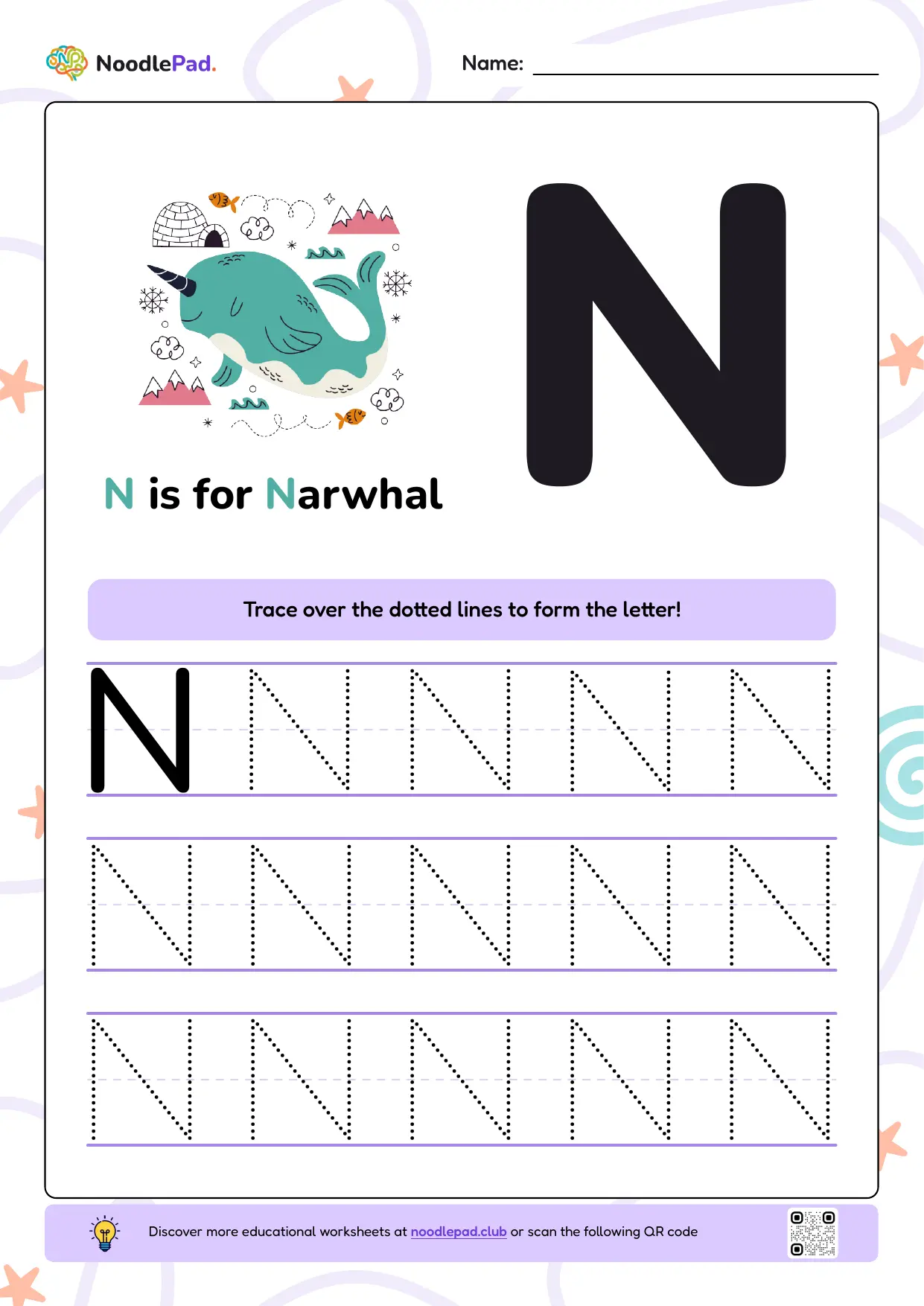 Full-page preview: Learn to write uppercase letter N