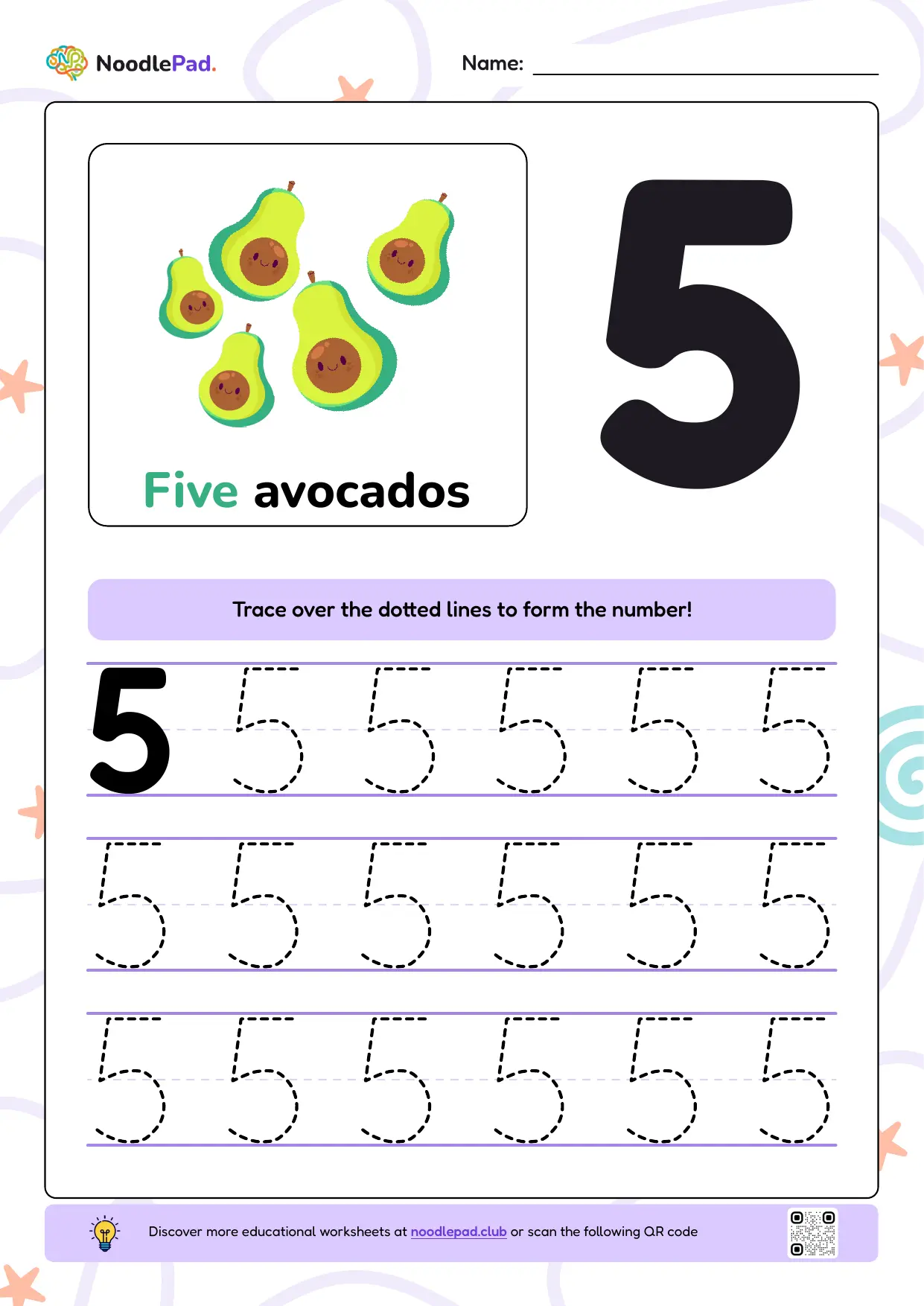 Full-page preview: Learn to write number 5