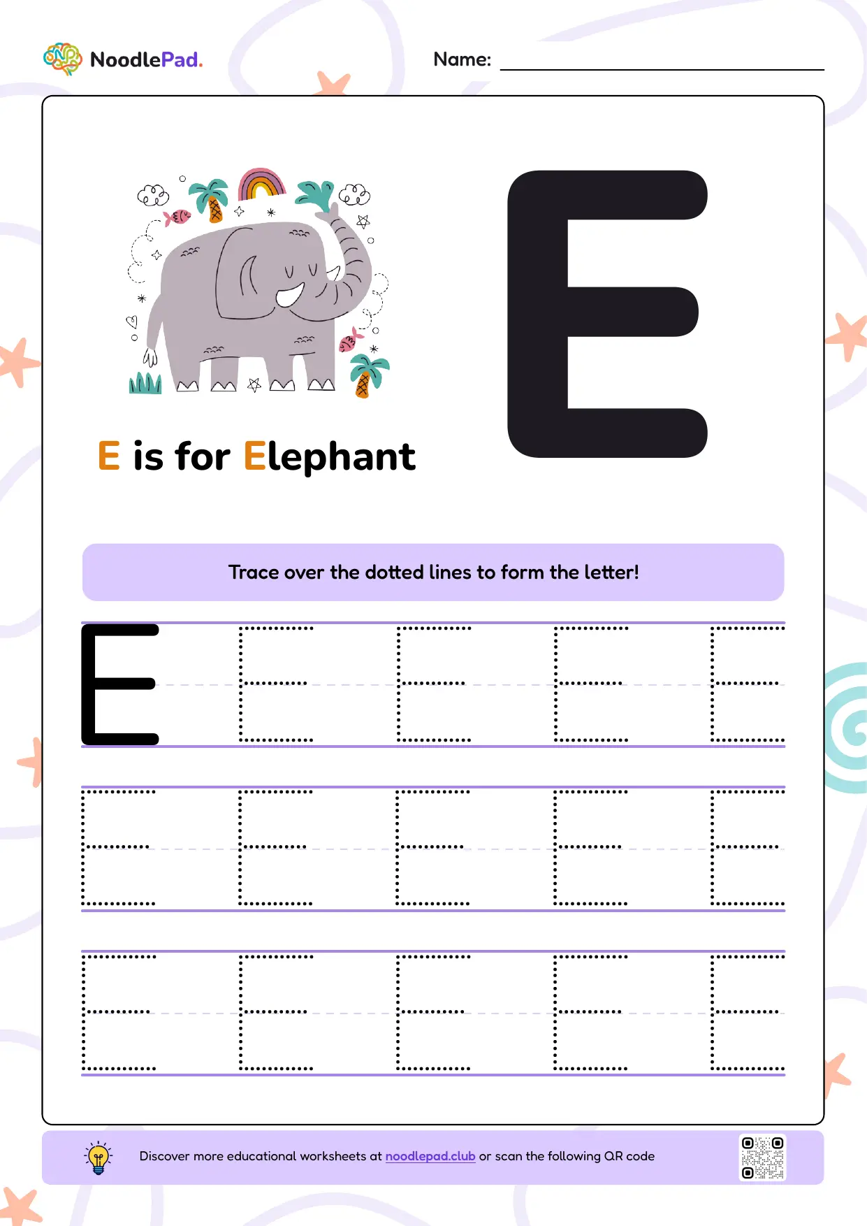 Full-page preview: Learn to write uppercase letter E