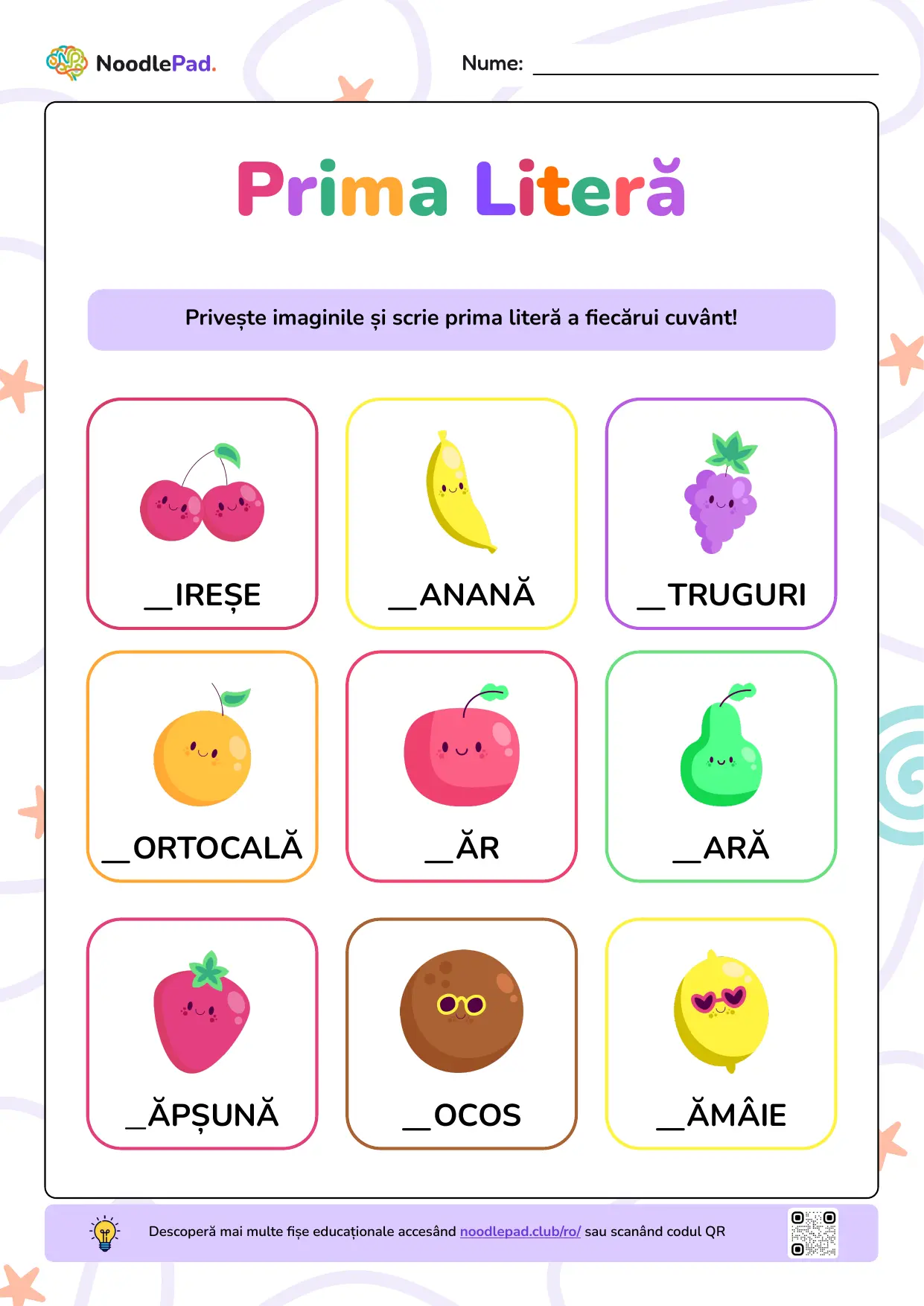 Previzualizare pe toată pagina: Prima literă lipsă – fructe #1