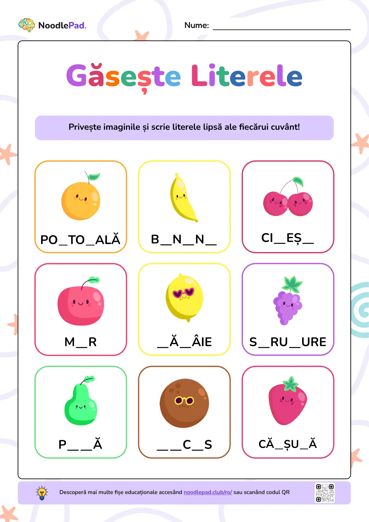 Previzualizare pe toată pagina: Găsește literele lipsă – fructe #1