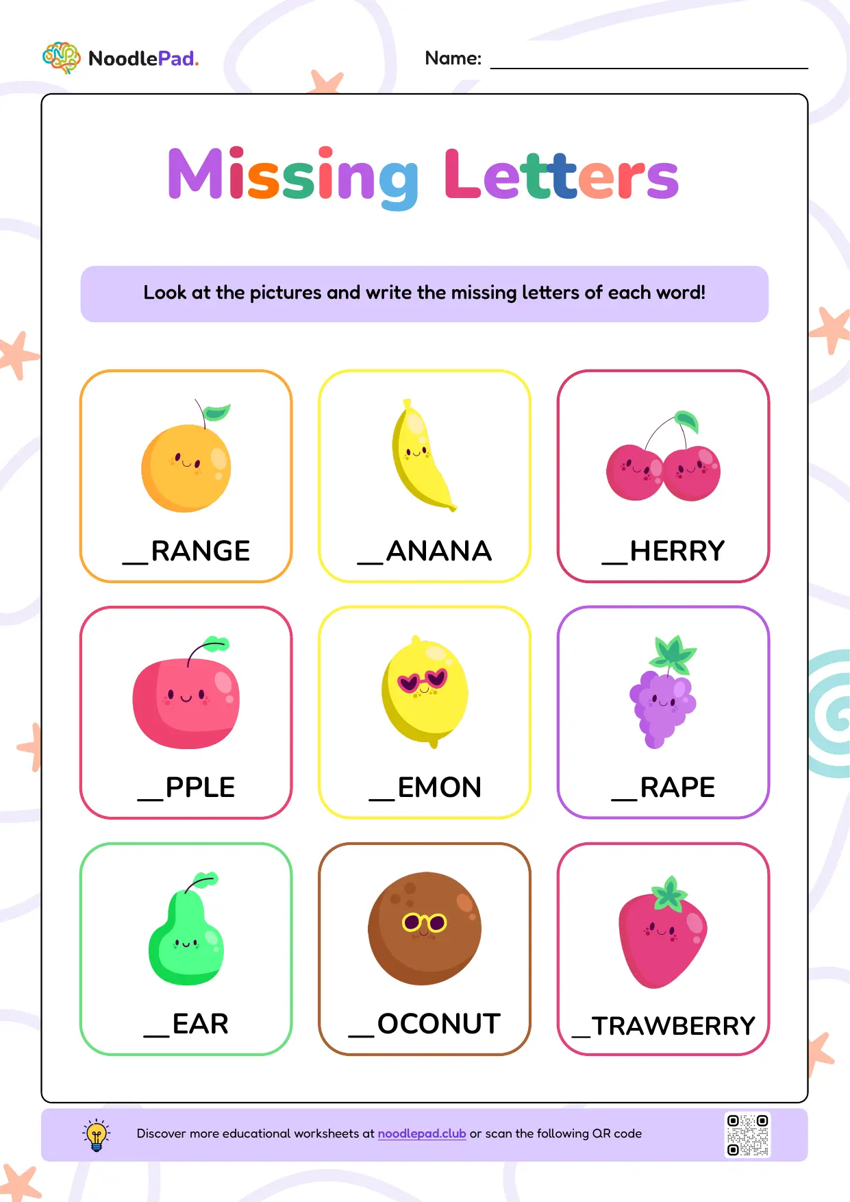 Full-page preview: Missing letters – fruits #1