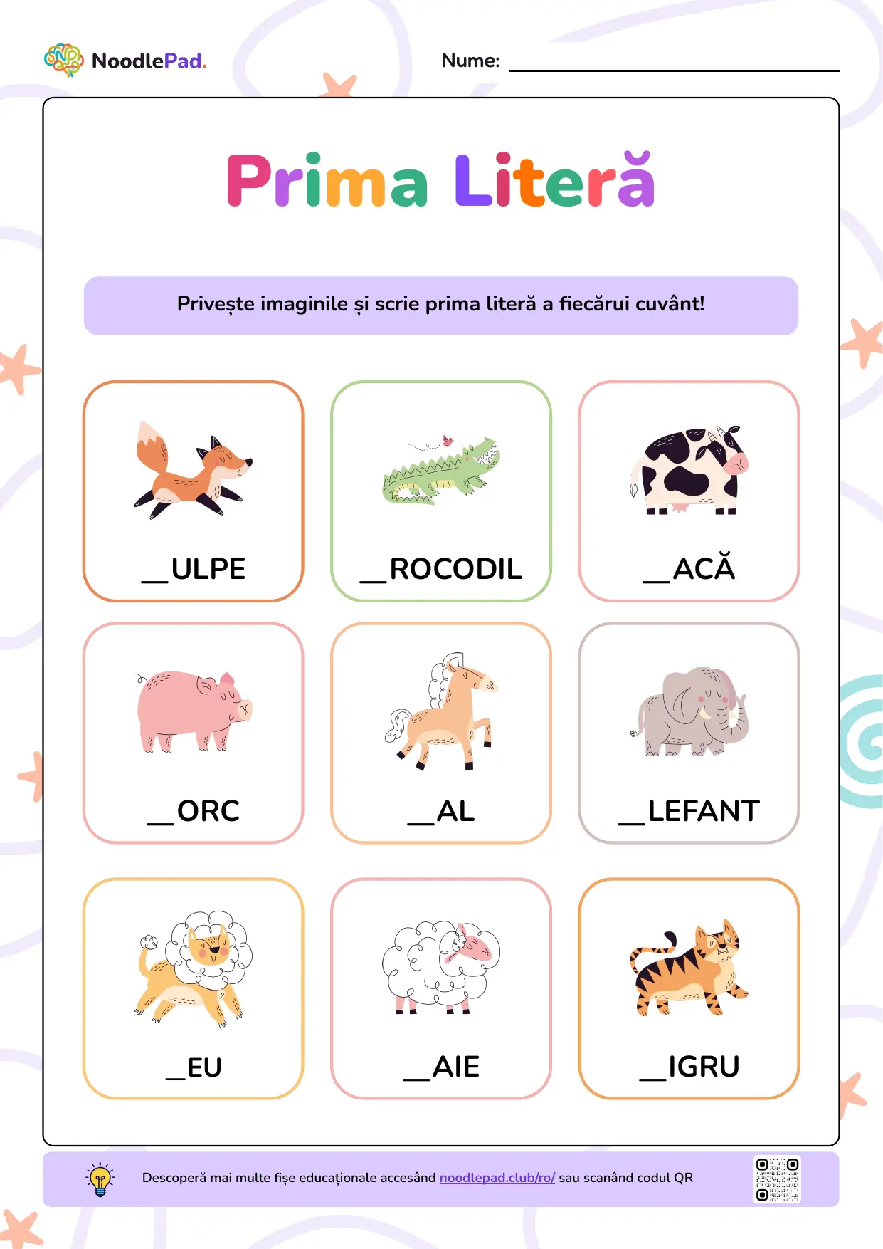 Previzualizare pe toată pagina: Prima literă lipsă – animale #1