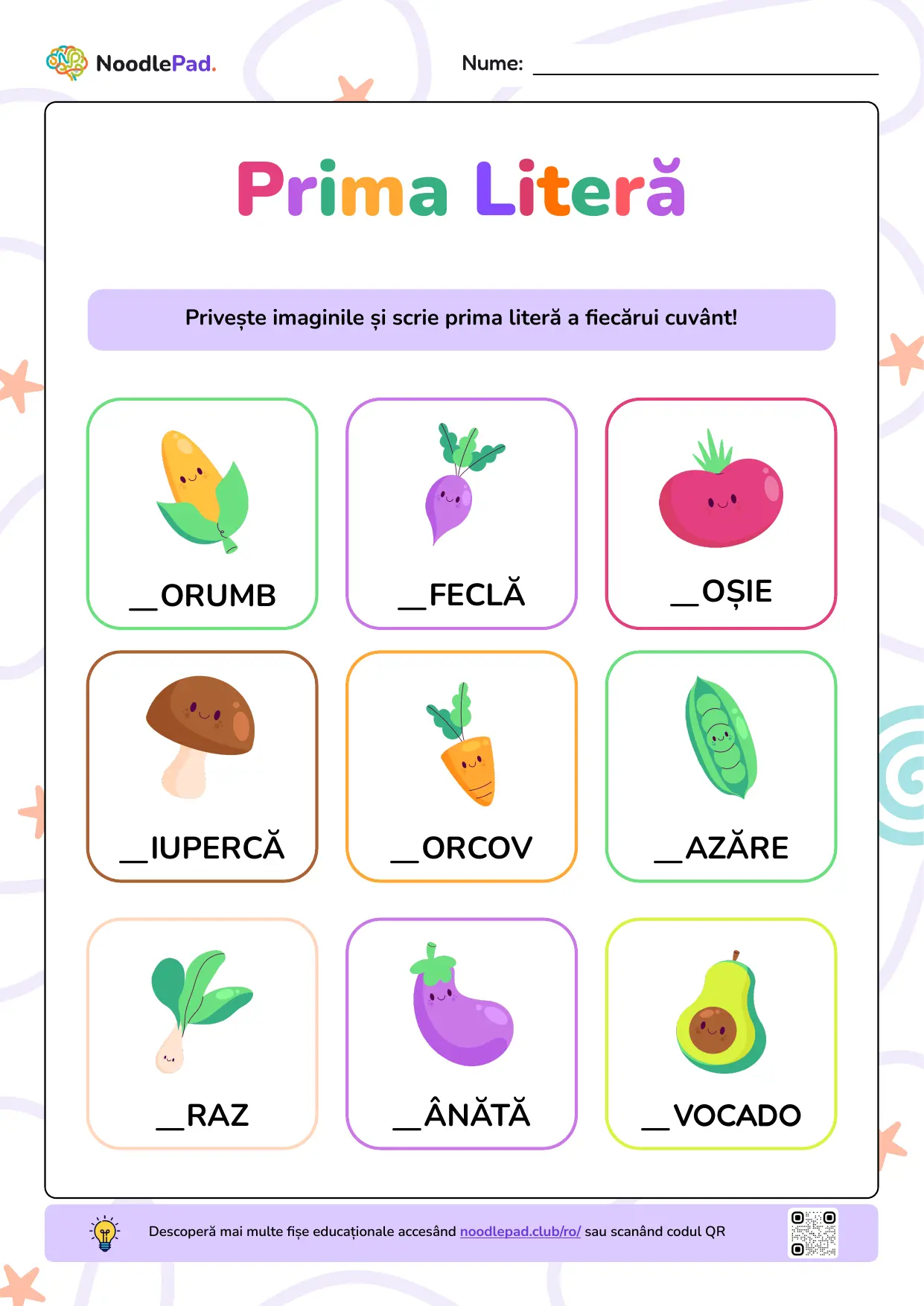 Previzualizare pe toată pagina: Prima literă lipsă – legume #1
